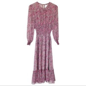 Misa Los Angeles Floral Vine Print Smocked Gray Purple Midi Dress Size M
